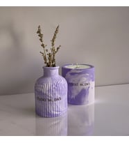 Lavanta Kokulu Lila & Beyaz Marble 2'li Set Vazo & Beton Mum %100 Doğal Soya Wax