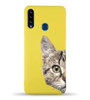 Samsung Galaxy A20s Uyumlu Lansman Kılıf Catface Tasarımlı İçi Kadife Kapak-Sarı (Şeffaf)