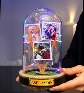 Kişiye Özel 3 Fotoğraflı Büyük Boy Fanus Renkli Led Işıklı Kişiye Özel Hediye