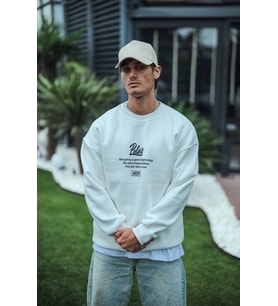 Erkek 3 iplik pamuklu Bisiklet Yaka Ön Ve Arka Baskılı SweatShirt - Beyaz