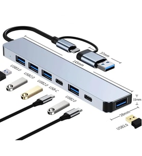 Çoklayıcı Adaptör 7in1 USB/Type-c To USB A, USB C Macbook uyumlu Çevirici Adaptör Çok Portlu Çoklayıcı 7 in 1 USB HUB (Gri)