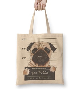 Bad Puggy Pug Köpek Bez Çanta Uzun Saplı