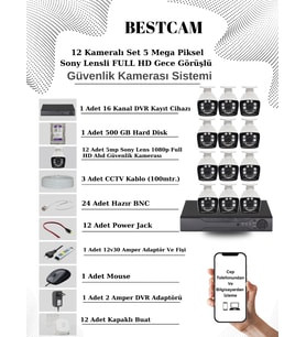 BESTCAM 12 Kameralı Set 5 Mega Piksel Sony Lensli FULL HD Gece Görüşlü Güvenlik Kamera Seti 500 GB Hard disk