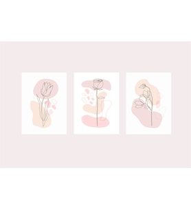 Line Art Çiçekler Üçlü Kanvas Tablo Seti