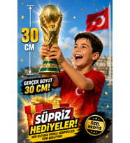SÜPRİZ HEDİYELİ DÜNYA KUPASI 30 CM GOLD KAPLAMA VE YEŞİL ŞERİTLERLE