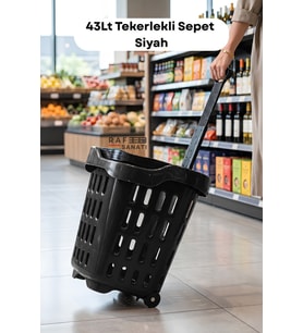 43 LT Tekerlekli Market Sepeti Plastik Alışveriş Sepeti Ergonomik Çift Saplı Siyah