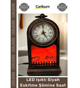 Özel Üretim Dekoratif Nostaljik Antika Masa Tasarım Pilli USB LED Işıklı Siyah Eskitme Şömine Saat