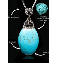 Sertifikalı XL Zirkon Taşlı Oval Model Firuze Taşı Kolye (Turkuaz Taşı) (Çok Renkli)