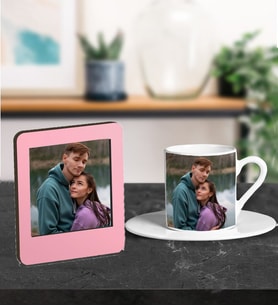 Kişiye Özel Fotoğraf Tasarımlı Türk Kahve Fincanı Ve Resimli Pembe Çerçeve