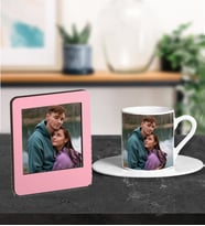 Kişiye Özel Fotoğraf Tasarımlı Türk Kahve Fincanı Ve Resimli Pembe Çerçeve