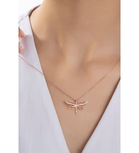 Kadın Orjinal 925 Ayar Gümüş Zirkon Taşlı Yusufçuk Kelebek Model Kolye (Rose)