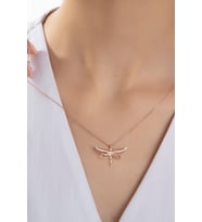 Kadın Orjinal 925 Ayar Gümüş Zirkon Taşlı Yusufçuk Kelebek Model Kolye (Rose)