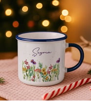 BK Gift Kişiye Özel Çiçek Tasarımlı Lacivert Emaye Kupa Bardak -7, Arkadaşa Hediye, Sevgiliye Hediye