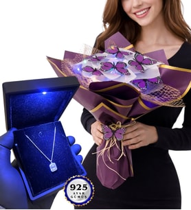 Işıklı Kutusunda 925 Ayar Gümüş Kolye ve Renkli Led Işıklı Kelebek Buketi Hediye Seti (Model 5)
