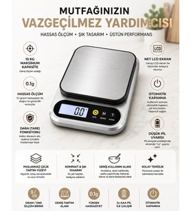 10 Kg Dijital Hassas Mutfak Tartısı - LCD Ekranlı, Paslanmaz Çelik Tartım Yüzeyi, Dara (Tare) Fonksiyonlu, Gram & Ons Ölçüm, 2x AAA Pilli