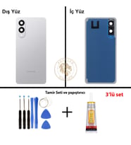 Samsung Galaxy S25 Edge Gümüş Renk Lensli Arka Kapak + Tamir Seti + B7000 Yapıştırıcı Arka Cam Batarya Kapağı Pil Kapağı Lazer Kesim Back Cover Galaxy S25 Edge Uyumlu