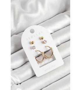 Pirinç Zirkon Taş Ve Halka Figürlü Gold Renk 3'lü Çift Kadın Küpe Set 5 - GLST4979-518