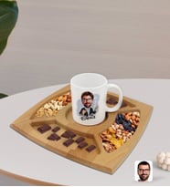 BK Gift Kişiye Özel Erkek Milyoner Karikatürlü Beyaz Kupa ve Doğal Masif Ahşap 4 Bölmeli Sunum Tabağı Çerezlik Hediye Seti-1