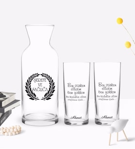 BK Gift Kişiye Özel Renkli Baskılı Ben Varken Ellerim Tasarımlı İkili Rakı Bardağı ve Karaf Hediye Seti-1 (Model 1)