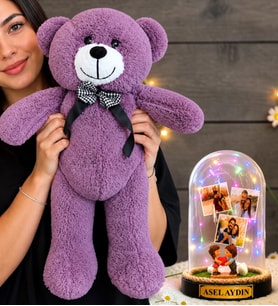 Kişiye Özel 3 Fotoğraflı Renkli LED Işıklı Fanus (kalp tutan aşıklar) ve 50 cm Büyük Mor Peluş Ayıcık