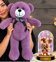 Kişiye Özel 3 Fotoğraflı Renkli LED Işıklı Fanus (kalp tutan aşıklar) ve 50 cm Büyük Mor Peluş Ayıcık