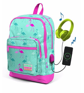 Coral High Kids Su Yeşili Flamingo Desenli Usb Şarjlı Kulaklık Çıkışlı Okul Sırt Çantası 23275