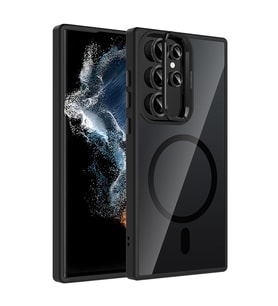 Lexroo Galaxy S23 Ultra Kılıf Standlı ve Kamera Lens Hediyeli M-Safe Şarj Özellikli Etro Kılıf - Siyah