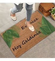 Valerine Life Tropikal Yaprağı Evimize Hoş Geldiniz Kapı Önü Paspası 45x70cm (Kahverengi)