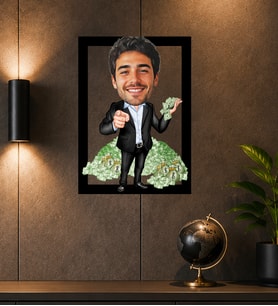 Kişiye Özel Zengin İş Adamı Karikatürlü Çerçeveli Tablo – Fotoğraftan Başarı ve Para Temalı Portre Hediyesi