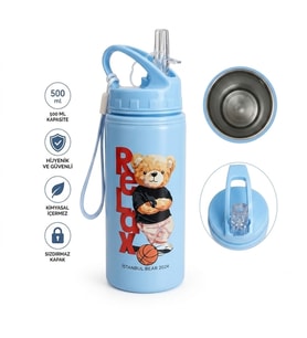 Alüminyum Matara 500 ML Çocuk Su Matarası Pipetli Sızdırmaz Dayanıklı Taşıma İpli