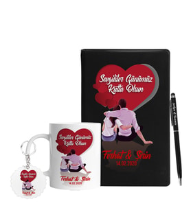 Sevgililer Gününe Özel Ahşap Defter Kalem Kupa & Süblimasyon Anahtarlık Hediye Seti 1