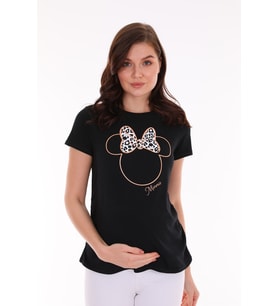 Hamile Önü Baskılı Yumuşak Pamuklu Esnek Kumaş T-shirt (Siyah)