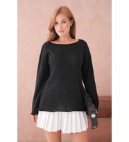 Kadın Siyah Basic Oversize Kayık Yaka Dokulu Triko Kazak 8529sw