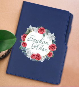 BK Gift Kişiye Özel Çiçek Tasarımlı Lacivert Termo Deri Not Defteri 15x21cm-8