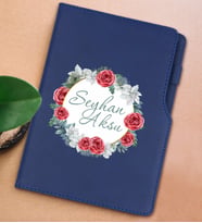 BK Gift Kişiye Özel Çiçek Tasarımlı Lacivert Termo Deri Not Defteri 15x21cm-8