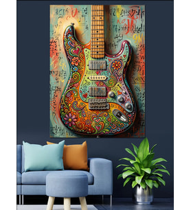 Rengarenk Desenli Sanatsal Gitar Tablosu Dekoratif Kanvas - Mdf Ahşap Tablo