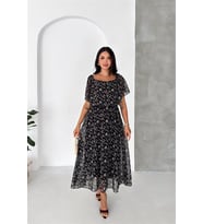 Neşeli butik kadın çok renkli madonna yaka şifon desenli midi boy elbise NBK091