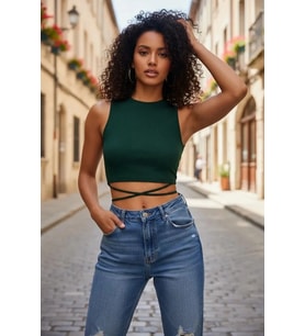 Giyim Kadın Yeşil Modern Fit Çapraz Bağlamalı Crop Top Büstiyer