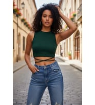 Giyim Kadın Yeşil Modern Fit Çapraz Bağlamalı Crop Top Büstiyer