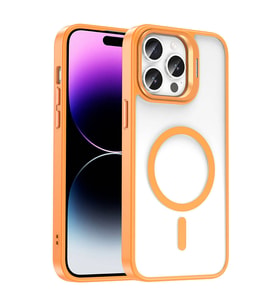 Apple iPhone 14 Pro Uyumlu Kılıf M-safe Şarj Özellikli Standlı Zore M-safe Klon Lensli Kapak (Turuncu)
