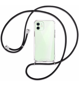 iPhone 12 PRO (6.1 inç) Şeffaf Boyun Omuz Askılı İpli Kılıf (Siyah)