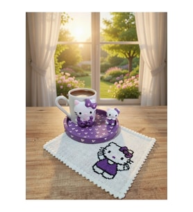 Hello Kitty Mor Figürlü Türk kahvesi seti Etamin işlemeli peçeteli (1 kişilik)