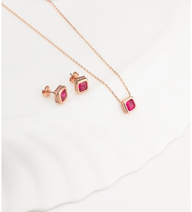 925 Ayar Gümüş Ruby Taşlı Pırlanta Montur Kare Kolye Küpe Set