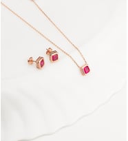 925 Ayar Gümüş Ruby Taşlı Pırlanta Montur Kare Kolye Küpe Set