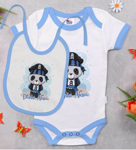 BK Kids Kişiye Özel Sevimli Korsan Tasarımlı Mavi Bebek Body Zıbın ve Mama Önlüğü Hediye Seti-2