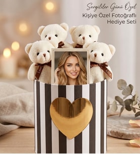 Kişiye Özel Fotoğraflı Aynalı Silindir Kutuda Ayıcık Buketi