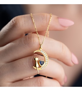 Vaoov 925 Ayar Gümüş Kalp Taşlı Ay ve Kedi Kolye (Gold)
