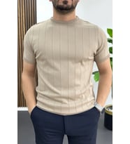 Erkek Bisiklet Yaka Çizgili Tişört Vizon Edw456