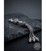 925 Ayar Gümüş Otantik İşleme Burgu Karo Kafes 3lü Zincir Tesbih Püskülü