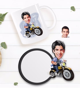 BK Gift Kişiye Özel Erkek Motorcu Karikatürlü Beyaz Kupa ve Ahşap Bardak Altlığı Hediye Seti-1